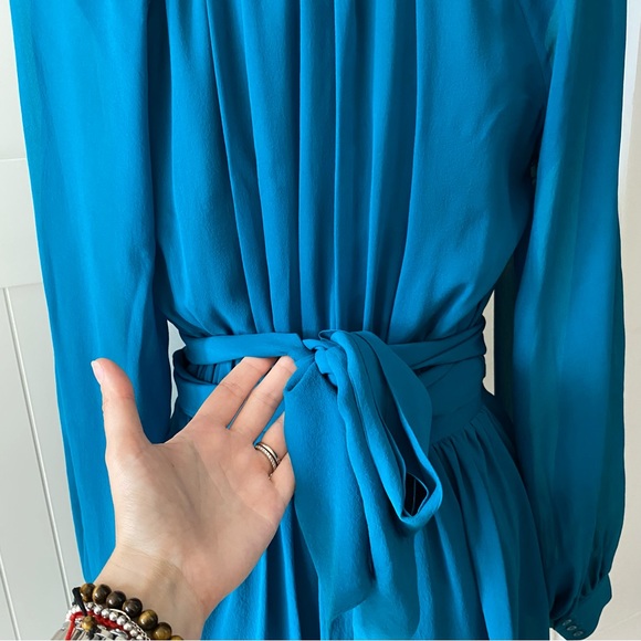 Rachel Zoe Mini Dress, Bow, 100% Silk, Flowy, Button-Down, Teal, Women’s (US M) - Picture 9 of 14